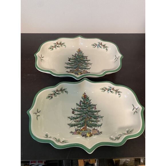 Spode Christmas Tree Ogee Candy Dish S3324-K England Green Trim 9-1/4" x 6-1/4" - Picture 3 of 3